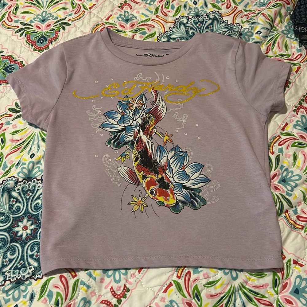 Lavender ed hardy cropped tee with koi